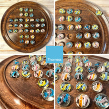Load image into Gallery viewer, 30cm Diameter DARK WOOD SOLITAIRE BOARD GAME with HELTER SKELTER GLASS MARBLES | |classic wooden solitaire game | strategy board game | family board game | games for one | board games
