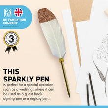 Load image into Gallery viewer, WHITE FEATHER WITH GOLDEN SPARKLES BALL POINT PEN | Sparkly Pen | Golden Pen | Feather Pen | Special Person | Wizards Pen | Guest Book Pen | Wedding Pen