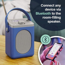 Load image into Gallery viewer, Majority Little Shelford Radio, DAB, DAB+ Digital and FM Bluetooth, Portable, Battery and Mains Powered, Bluetooth Connectivity, Dual Alarm, 15 Hours Playback and LCD Display - Blue & Grey
