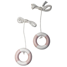 Load image into Gallery viewer, Set of 2 Nautical Wooden Cord Pulls with pink and white lifebuoy, Coastal Decor