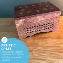 Load image into Gallery viewer, Handcrafted Sheesham Wood Keepsake Trinket Box with Brass Leaf Inlay on Lid & Intricate Jali Openwork Around Sides