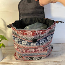 Load image into Gallery viewer, ELEPHANT BACKPACK| Bag with front and inside pocket | Red and blue bag | Unisex bags | Backpack for beach and travel | Elephant gifts | 35cm (L) x 34cm (W)