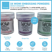 Load image into Gallery viewer, 3 x Wow! Embossing Powders 15ml | MINTY TWINKLE, GRAPE FIZZ & STRAWBERRY SPARKLE regular| Free your creativity and give your embossing sparkle