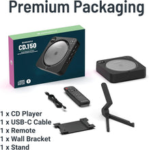 Load image into Gallery viewer, Wall Mountable Portable CD Player with Bluetooth IN and Speakers | Personal Music Player with 12 hours of Playback | Small CD Player with Remote Control, Stand, USB, AUX and FM Radio | Oakcastle CD150