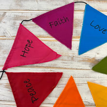 Load image into Gallery viewer, Affirmation Multi Coloured Bunting | Hope, Faith, Love, Happiness, Believe, Dream and Peace | Well Being Bunting | 190 cm length flags measure 14cm |Garland for Garden Wedding Birthday Indoor Outdoor