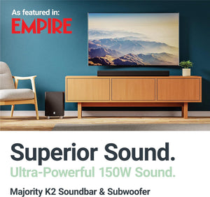 MAJORITY K2 Sound Bar with Subwoofer | 150W Powerful Stereo 2.1 Channel Sound Bar for TV | Home Theatre 3D Surround Sound I HDMI ARC, Bluetooth, Optical & RCA Connection I USB & AUX Playback | Black
