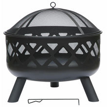 Load image into Gallery viewer, 𝗟𝗔𝗥𝗚𝗘 𝗦𝗧𝗘𝗘𝗟 𝗢𝗨𝗧𝗗𝗢𝗢𝗥 𝗙𝗜𝗥𝗘 𝗣𝗜𝗧 𝗕𝗢𝗪𝗟 | Modern Black Steel Lattice Design with Mesh Cover | Safety Poker & Log Grate included | 𝗪𝗢𝗢𝗗 𝗢𝗥 𝗖𝗛𝗔𝗥𝗖𝗢𝗔𝗟 𝗕𝗨𝗥𝗡𝗘𝗥 for Patio & Garden