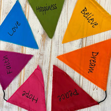 Load image into Gallery viewer, Affirmation Multi Coloured Bunting | Hope, Faith, Love, Happiness, Believe, Dream and Peace | Well Being Bunting | 190 cm length flags measure 14cm |Garland for Garden Wedding Birthday Indoor Outdoor