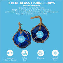 Load image into Gallery viewer, TWO DEEP BLUE GLASS FISHING FLOAT ORNAMENTAL SEA BUOY | hand blown | nautical seafaring fishing rustic décor | 10cm diameter | with rustic brown string netting and hanging loop | Japanese style glass fishing floats