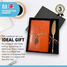 Load image into Gallery viewer, FEATHERED BALL POINT PEN AND LEATHER BOUND NOTEBOOK | Writing Set | Leather Bound Notebook | Feather Pen | Creative Writing | Pen and Notebook Set