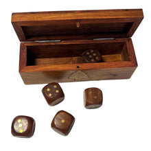 Load image into Gallery viewer, WOODEN HAND-CRAFTED DICE STORAGE BOX | Includes 5 wooden Dice | Brass inlaid embellishments | Dice Game | | Sustainable Shesham wooden hand carved box | 12.5cm (l) x 4.5cm (h) x 4cm (w)