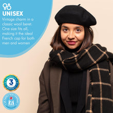 Load image into Gallery viewer, Black French Beret Hat | Classic wool hat | One size | French cap |  Fancy dress theme hat | Vintage French Beret solid colour | Unisex style ideal for men and women