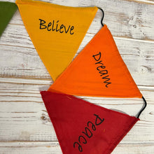 Load image into Gallery viewer, Affirmation Multi Coloured Bunting | Hope, Faith, Love, Happiness, Believe, Dream and Peace | Well Being Bunting | 190 cm length flags measure 14cm |Garland for Garden Wedding Birthday Indoor Outdoor