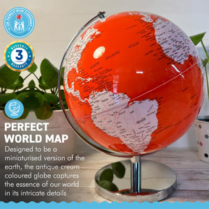 ORANGE WORLD GLOBE | Globes of the world | World globe for adults | Earth globe | Desk ornament | Explorers gift | World globe | 25cm (D) x 25cm (W) x 30 cm (H)