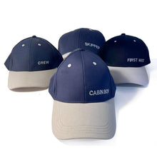 Load image into Gallery viewer, Set of 4 Adjustable Navy-Blue Baseball Caps, Skipper, First Mate, Crew & Cabin Boy, Nautical Boating Hats for Sailing, Yachting & Team Uniform