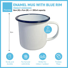 Load image into Gallery viewer, ENAMEL MUG with BLUE RIM | Camping mugs | Travel mug | Small mug | Enamel tumbler cup | Mug for tea, coffee and hot drinks | 285ml 8cm (H) x 9cm (D)
