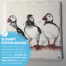 Load image into Gallery viewer, Puffin Stone Pot Rest, Watercolour Illustrative Art, Heat Resistant Up to 200°C