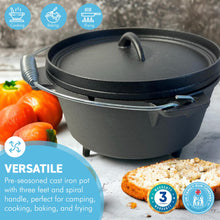 Load image into Gallery viewer, Cast Iron 3 Litre Dutch Oven pre-seasoned cooking pot with three feet | Spiral handle | Ideal for camping, cooking, baking and frying