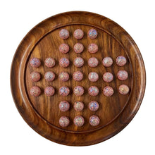 Load image into Gallery viewer, 30cm Diameter WOODEN SOLITAIRE BOARD GAME with SPARKLING PRINCESS GLASS MARBLES | |classic wooden solitaire game | strategy board game | family board game | games for one | board games