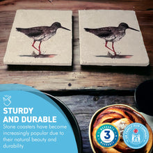 Load image into Gallery viewer, 2 x REDSHANK STONE COASTERS | Stone Coasters | Animal novelty gift | Coaster for glass, mugs and cups| Square coaster for drinks | Bird gift | Meg Hawkins art | 10cm x 10cm
