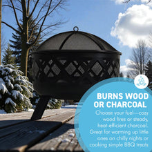 Load image into Gallery viewer, 𝗟𝗔𝗥𝗚𝗘 𝗦𝗧𝗘𝗘𝗟 𝗢𝗨𝗧𝗗𝗢𝗢𝗥 𝗙𝗜𝗥𝗘 𝗣𝗜𝗧 𝗕𝗢𝗪𝗟 | Modern Black Steel Lattice Design with Mesh Cover | Safety Poker & Log Grate included | 𝗪𝗢𝗢𝗗 𝗢𝗥 𝗖𝗛𝗔𝗥𝗖𝗢𝗔𝗟 𝗕𝗨𝗥𝗡𝗘𝗥 for Patio & Garden