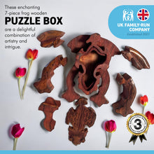 Load image into Gallery viewer, 7-piece Frog Wooden Puzzle Box | Wooden Frog Puzzle Box | Handmade wooden puzzle box | Handmade Wooden trinket secrets Box | Sustainable Shesham wooden hand carved box | 14cm (w) x 5cm (h)