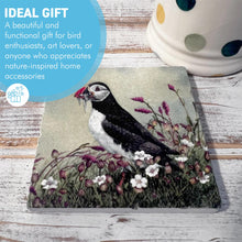 Load image into Gallery viewer, Green Stone Coaster with Puffin Image, Wildlife Watercolour Design, Wildlife Coaster
