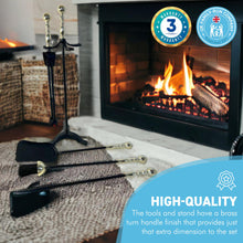 Load image into Gallery viewer, Large brass handled metal 5-piece fireside companion set | Fire companion sets | includes stand, brush, tongs, poker, and shovel | 61cm high | Wood burner set | Fireside tools accessories