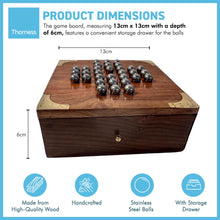 Load image into Gallery viewer, Handmade compact wooden classic solitaire game with stainless steel balls | 13cm x 13cm with storage draw | Travel game

