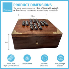 Load image into Gallery viewer, Handmade compact wooden classic solitaire game with stainless steel balls | 13cm x 13cm with storage draw | Travel game