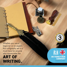 Load image into Gallery viewer, BLACK FEATHER QUILL 5 NIBS PEN NOTEBOOK QUILL PEN STAND INK WAX SEAL AND FLEUR DE LIS STAMP | Calligraphy Set | Writing Set | Ink Pen | Leather Bound Notebook | Feather Pen