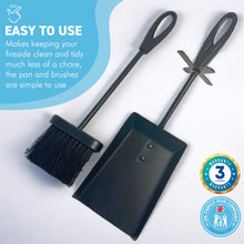 Load image into Gallery viewer, FIRESIDE BRUSH and  PAN shovel set | Tidy clean log burner stove | Powder coated black finish | Built-in stand | Hearth Iron Fireside Tidy Set | Bannister set