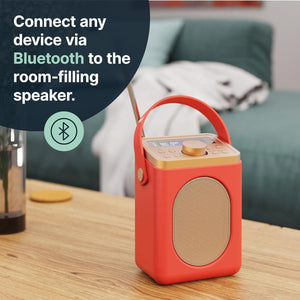 DAB, DAB+ Digital and FM Bluetooth radio | Battery and Mains Powered Portable DAB Radio | Majority Little Shelford | Bluetooth Connectivity, Dual Alarm, 15 Hours Playback and LED Display | Red