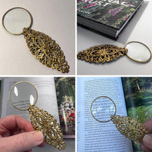 Load image into Gallery viewer, Petite Magnifying Glass with gold handle in leaf pattern, ideal for reading, precision work, crafting.