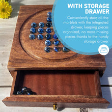 Load image into Gallery viewer, Wooden Solitaire with Drawer for Traditonal Blue Marbles | Travel Games | Strategic & Traditional Games | Perfect for Adults & Family Fun