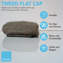 Load image into Gallery viewer, Unisex 60cm L/XL TWEED Flat Cap |Mixed Wool Polyester Green Tweed Country Cap | Tweed Hat | Peaked Cap | Black Quilted Lining