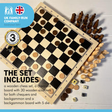 Load image into Gallery viewer, WOODEN CHESS BACKGAMMON CHEQUERS GAME COMPENDIUM | 3 in 1 Wooden Games Set | Travel Games Set | Portable Board Games | Wooden Games | Traditional Games
