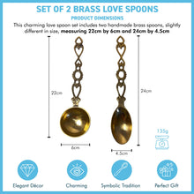 Load image into Gallery viewer, Set of 2 brass Love Spoons, wedding tokens, rustic decor, housewarming gift