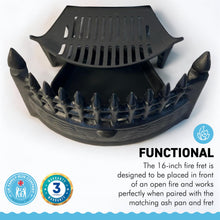 Load image into Gallery viewer, Premium 16" Cast Iron FIREPLACE GRATE SET – Complete Set with Castle Front, Ash Pan & Log Tongs for Classic Fireplaces