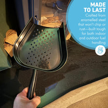 Load image into Gallery viewer, 𝗘𝗡𝗔𝗠𝗘𝗟𝗟𝗘𝗗 𝗦𝗧𝗘𝗘𝗟 𝗪𝗢𝗢𝗗𝗙𝗜𝗥𝗘 𝗣𝗘𝗟𝗟𝗘𝗧 & 𝗖𝗢𝗔𝗟 𝗦𝗛𝗢𝗩𝗘𝗟 – High Gloss Black Metal Scoop| 35.5cm (L) | Dust-Free | Easy Scooping | Durable | BBQ cooking