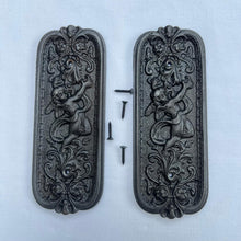 Load image into Gallery viewer, Set of Two Antique style Rustic Cast Iron Door Push Plates with Ornate Cherub Design - Vintage Finger Plate Decor