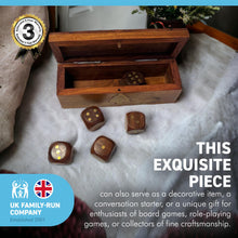 Load image into Gallery viewer, WOODEN HAND-CRAFTED DICE STORAGE BOX | Includes 5 wooden Dice | Brass inlaid embellishments | Dice Game | | Sustainable Shesham wooden hand carved box | 12.5cm (l) x 4.5cm (h) x 4cm (w)
