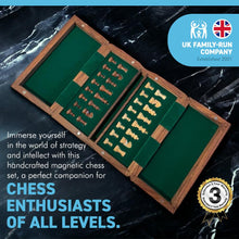 Load image into Gallery viewer, Handcrafted Chess Set 10” X 10” Board with Magnetic Pieces | Felt-Lined Storage Compartment | Classic Staunton Style playing pieces | Travel companion.