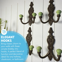 Load image into Gallery viewer, Set of 4 𝗙𝗥𝗘𝗡𝗖𝗛 𝗦𝗧𝗬𝗟𝗘 𝗖𝗔𝗦𝗧 𝗜𝗥𝗢𝗡 𝗗𝗢𝗨𝗕𝗟𝗘 𝗛𝗢𝗢𝗞𝗦 – Lime Green Ceramic Tops, Wall Coat Hooks for Hallway, Cloakroom, Bedroom