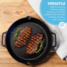 Load image into Gallery viewer, Cast Iron 14” diameter Paella Pan | Large skillet Frying Pan | Prospector style pan | 35cm diameter | Non-stick induction paella pan | Paella Pan for BBQ | Indoor or Outdoor use