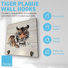 Load image into Gallery viewer, Rustic Wooden Design Tiger Plaque Wall Hooks | 30cm x 30cm wooden plaque | supplied with two hooks attached | wall hanging fixings attached | Wildlife art