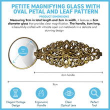 Load image into Gallery viewer, Petite Magnifying Glass with gold handle in leaf pattern, ideal for reading, precision work, crafting.