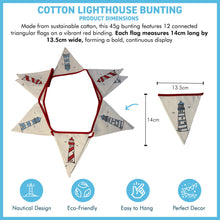Load image into Gallery viewer, Cotton Lighthouse Bunting (195cm long) for Coastal Dรฉcor and Celebrations,12 Flags, Red & Blue Nautical Theme, Reusable & Washable