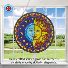 Load image into Gallery viewer, Sun and moon eclipse glass sun catcher with geometric border | 150mm diameter with chain for hanging | colour catcher | window decoration | perfect for conservatory | living rooms | garden | garden ha