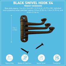 Load image into Gallery viewer, Pack of 4 cast Iron SWIVEL COAT HOOKS Black 3-Hinge Wall & Door Mounted Vintage Style Hooks